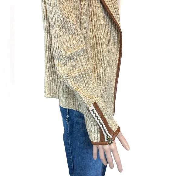NWOT Lucky Brand Open Faux Leather Edged Sweater, Browns |M - Picture 7 of 15